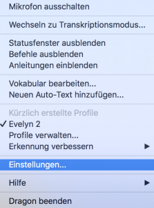 Dragon Sprache erkennen Menü